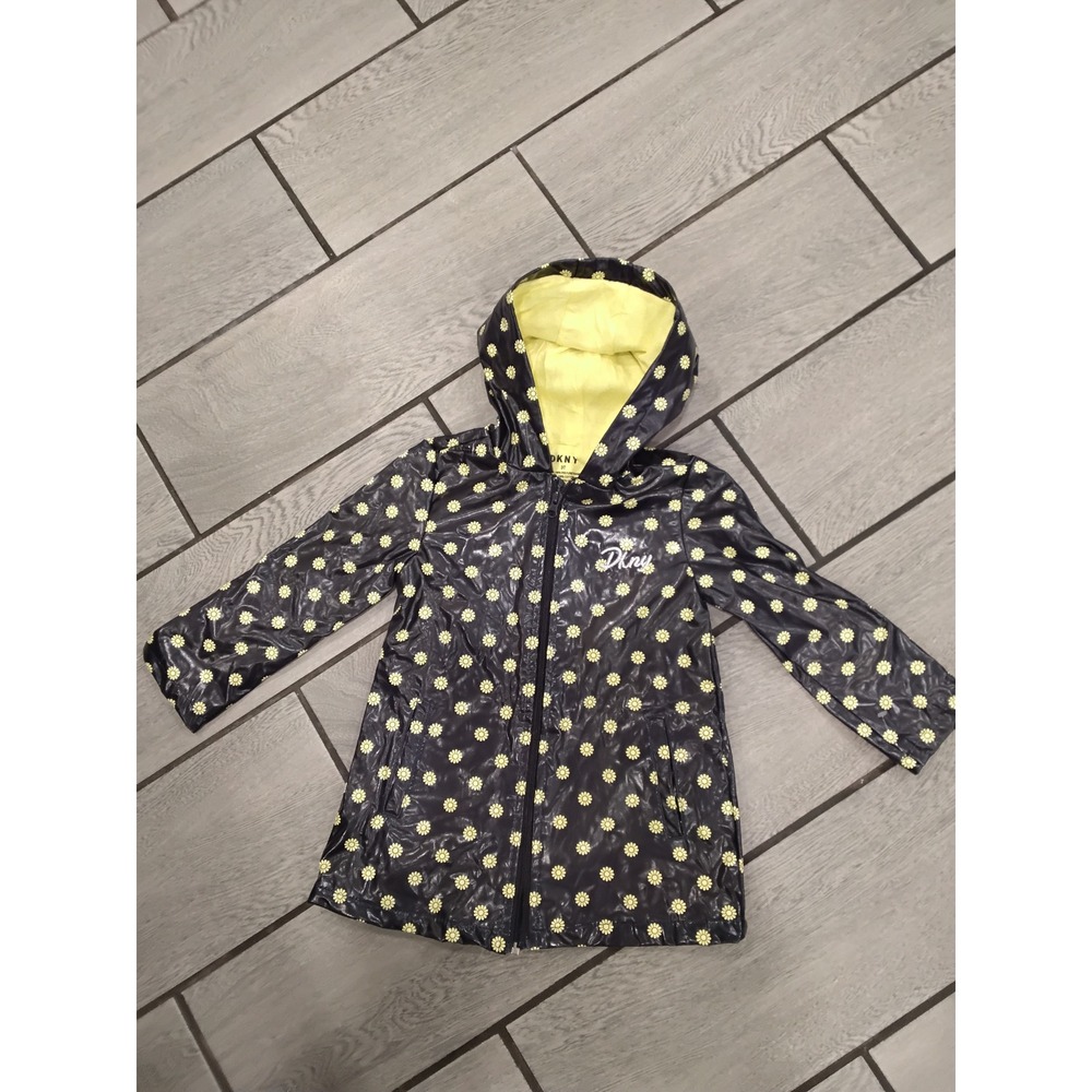 DKNY Kids Girls Black Daisy Print Hooded Raincoat Jacket‎ Size 3T